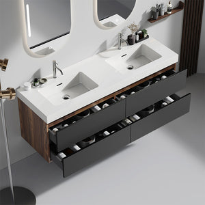 Grace 60-Inch Wall-Mounted Bathroom Vanity, Walnut and Black with Double Sinks