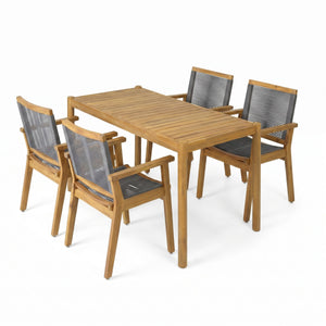 5-Piece Outdoor Acacia Wood Dining Set, 54.75" Teak Rectangular Table & 4 Dark Grey Chairs