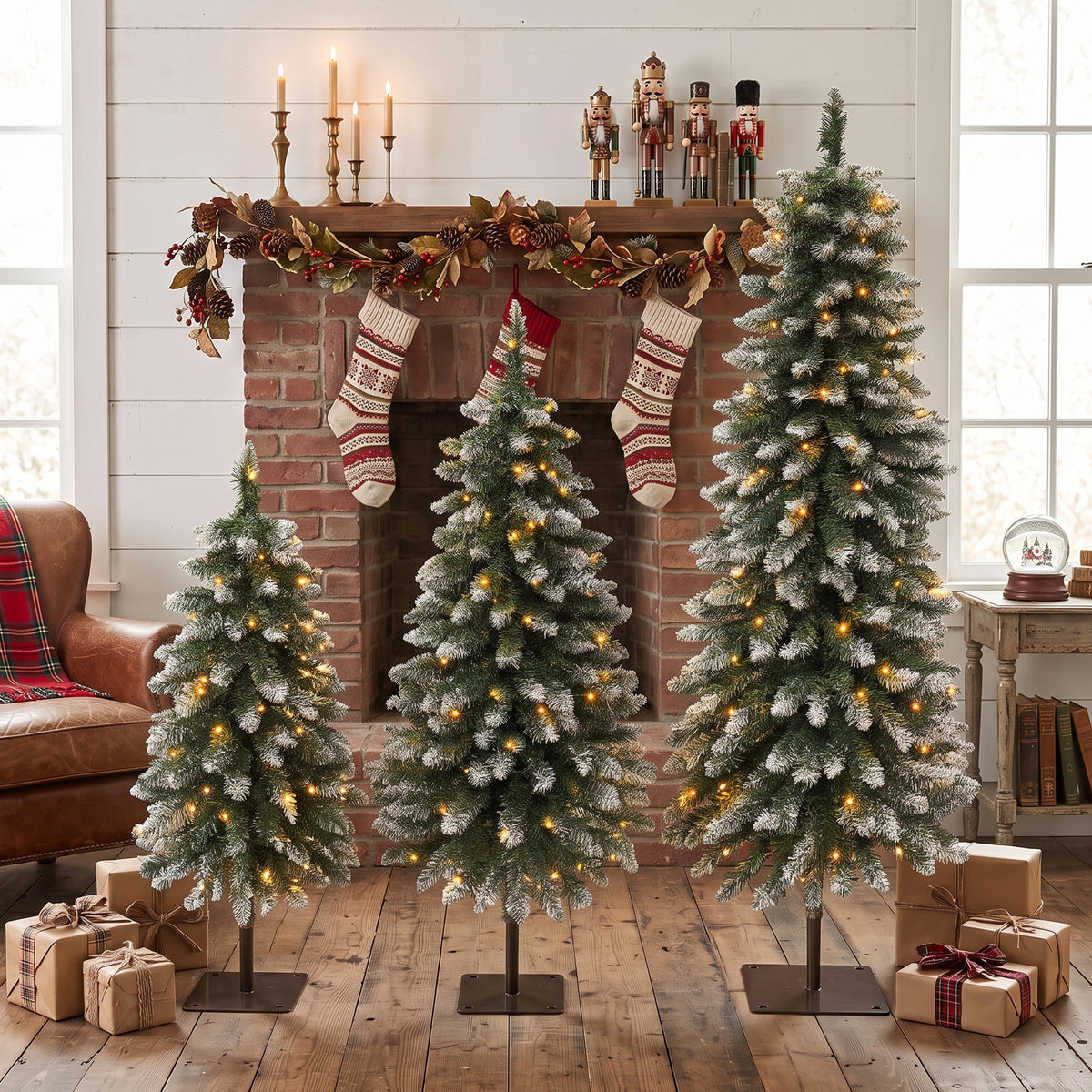 3-Pack Pre-Lit Snow Flocked Pencil Christmas Tree Set