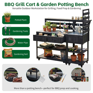 TOPMAX 62.3'' Patio Kitchen Island Solid Wood Kitchen Cart
