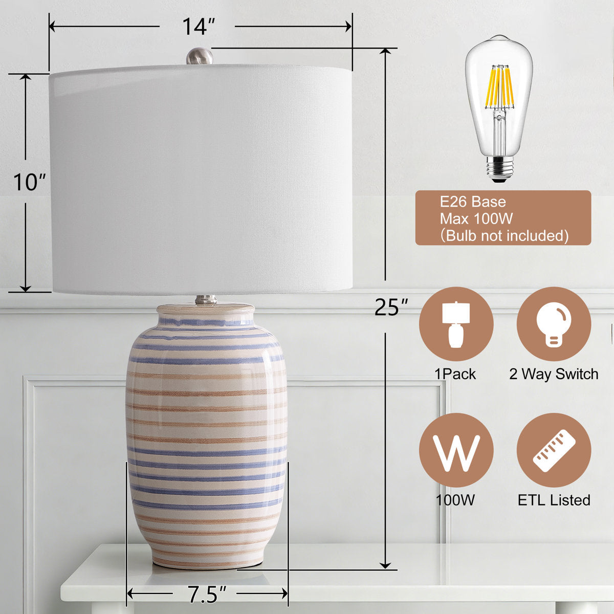 Modern Ceramic Table Lamp, 25 Inches, White with Linen Shade