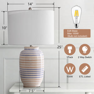 Modern Ceramic Table Lamp, 25 Inches, White with Linen Shade