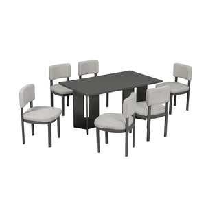 Dining Table Set With 6 Upholstered Chairs, Rectangular Table With Cutout Legs