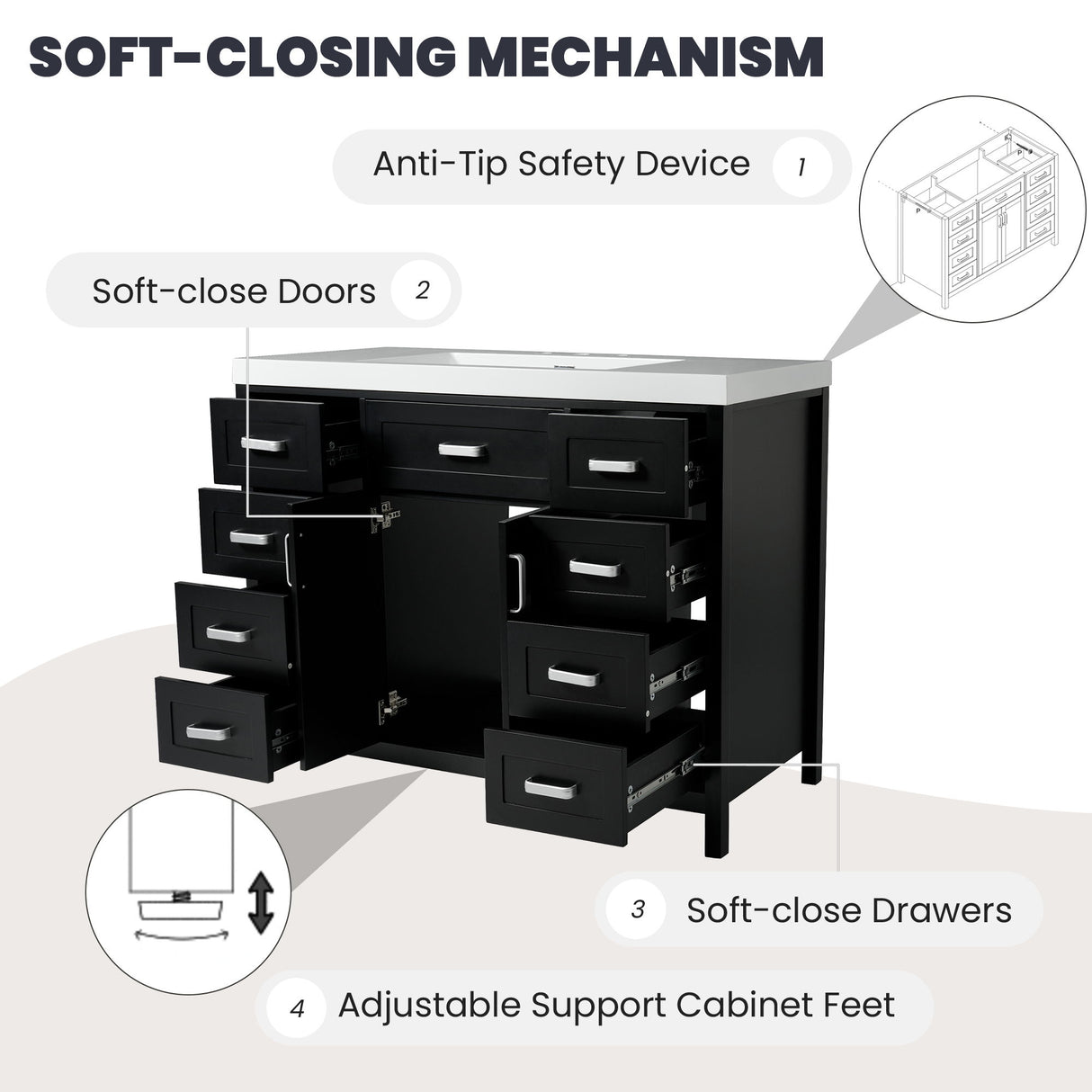Bathroom Vanity With Sink, 2 Doors 8 Drawers, Soft Close System, Classic Design