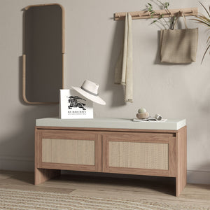 Storage Bench With Cushion, Shoe Cabinet With 2 Doors - Antique Natural / Rattan