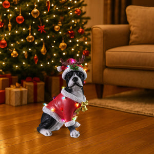 Christmas Boston Terrier Statue, Holiday Dog Figurine in Santa Outfit