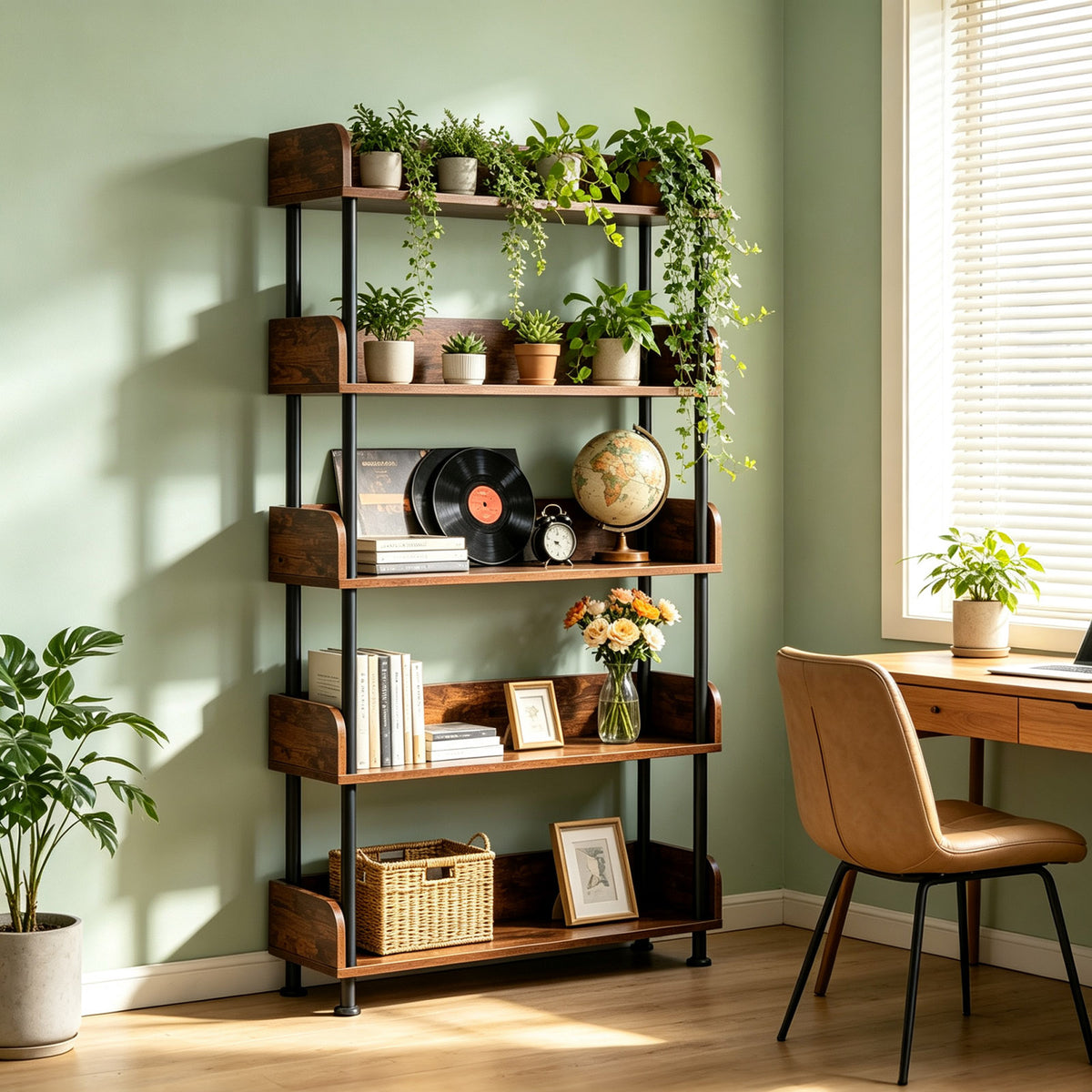 5-Tier Industrial Bookshelf, Open Rustic