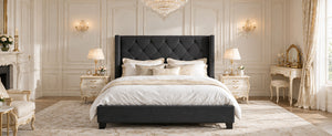 Modern Queen Size Platform Bed Frame with Tufted Velvet Headboard