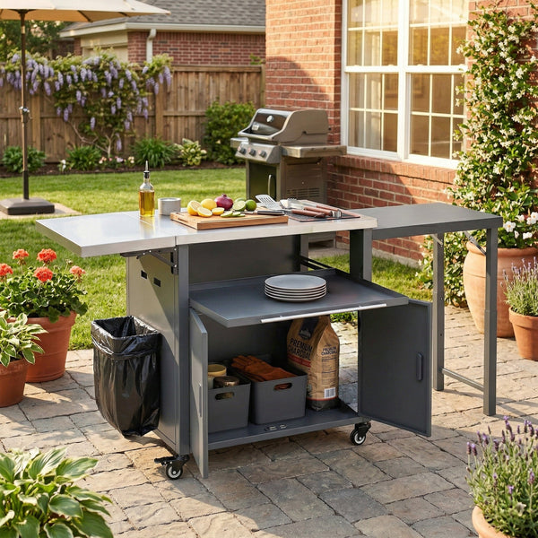 Foldable Outdoor Prep Station BBQ Cart Patio Dining Cart