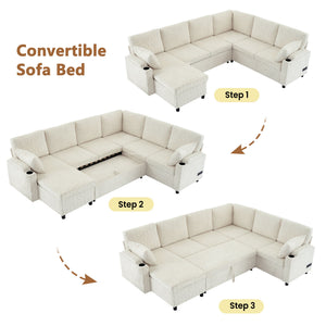 U-Shaped Sectional Sleeper Sofa With Ample Storage Space, 2 Cup Holders And Charging Ports For Living Room