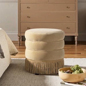 Edward 17.5" Round Upholstered Ottoman with Bullion Fringe