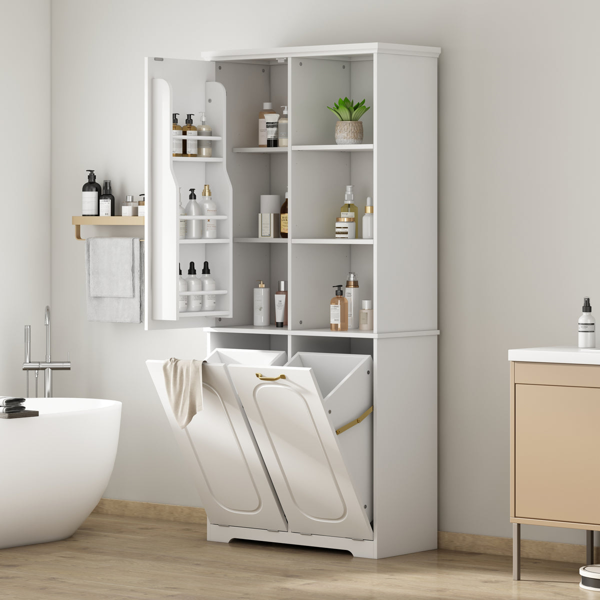 Freestanding Tall Storage Cabinet with 2 Tilt-Out Hampers