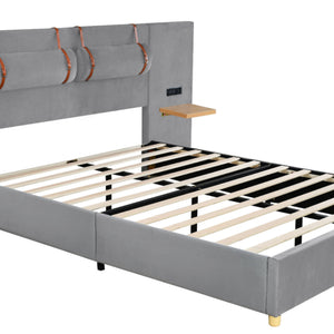 Upholstered Platform Bed, 2 Outlets And USB Charging Ports On Both Sides, 2 Bedside Pillows, Storage Shelves