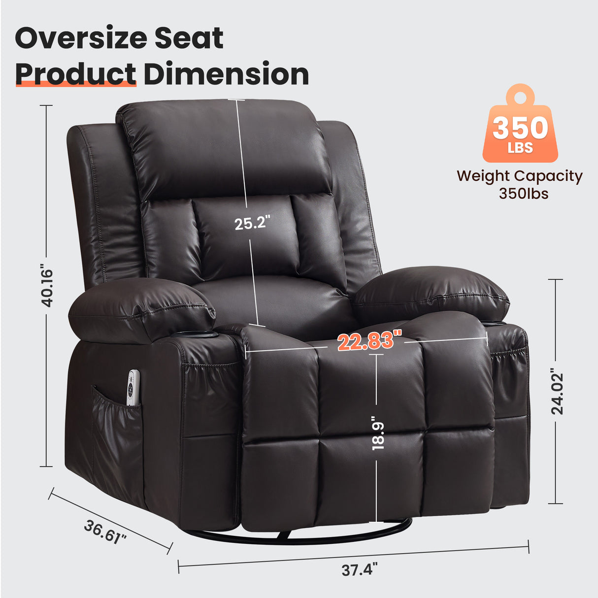360° Swivel Rocker Recliner for Adults, Nursery Glider Recliner with Vibration Massage and Heat,Rocking Chair with Cup Holder, Manual Recliner Chair for Living Room, Bedroom (Leather,Brown)