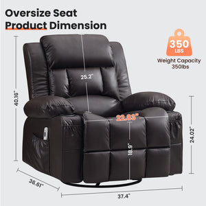 360° Swivel Rocker Recliner for Adults, Nursery Glider Recliner with Vibration Massage and Heat,Rocking Chair with Cup Holder, Manual Recliner Chair for Living Room, Bedroom (Leather,Brown)