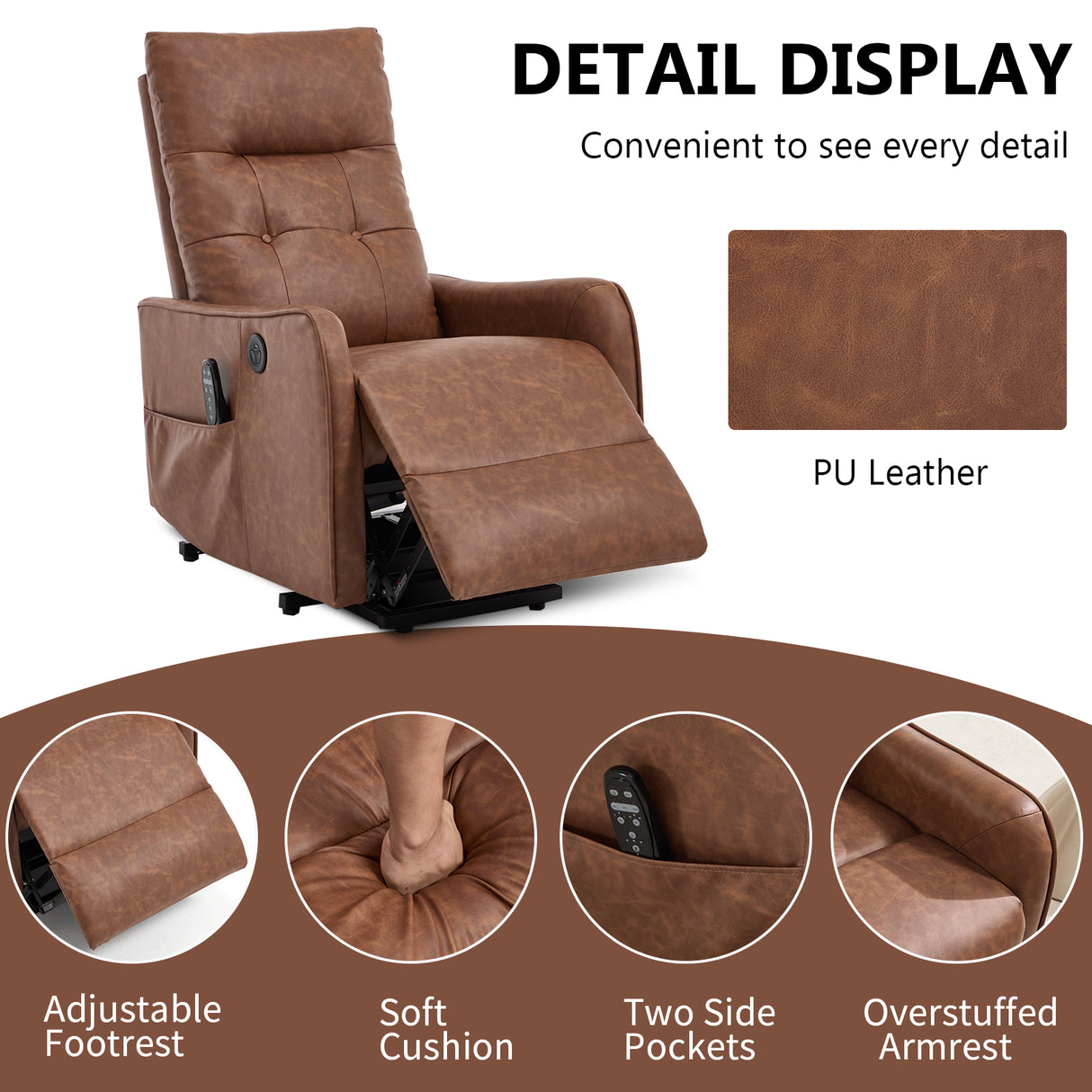 Brown PU Single Motor Power Lift Recliner Chair