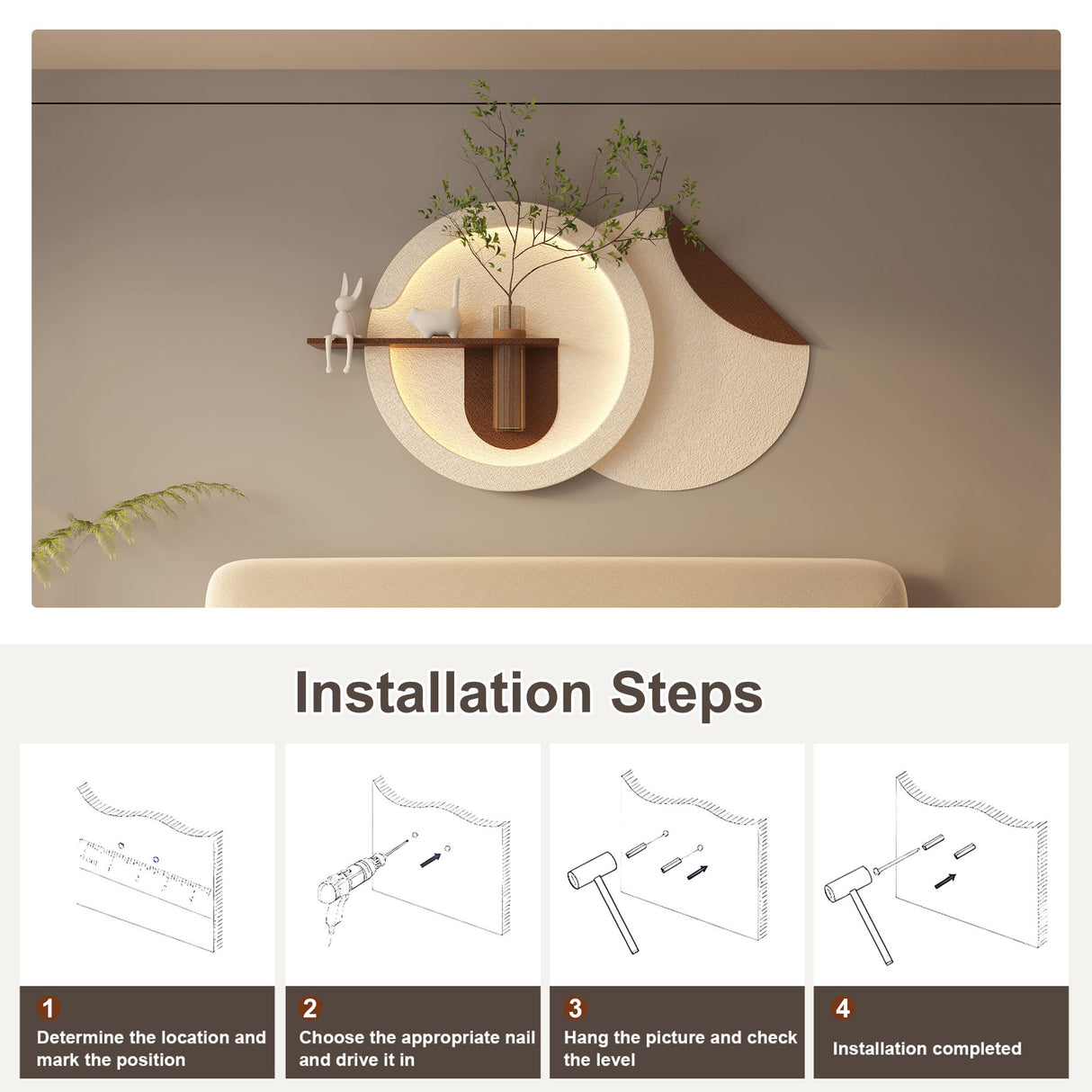 Adjustable 3 Color LED Sandstone Double Disc Wall Art With Simulated Greenery, Vase & Rabbit Statue - Light Coffee