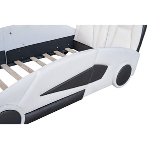 Race Car Shaped Twin Platform Bed With Wheels, Pine Wood Construction