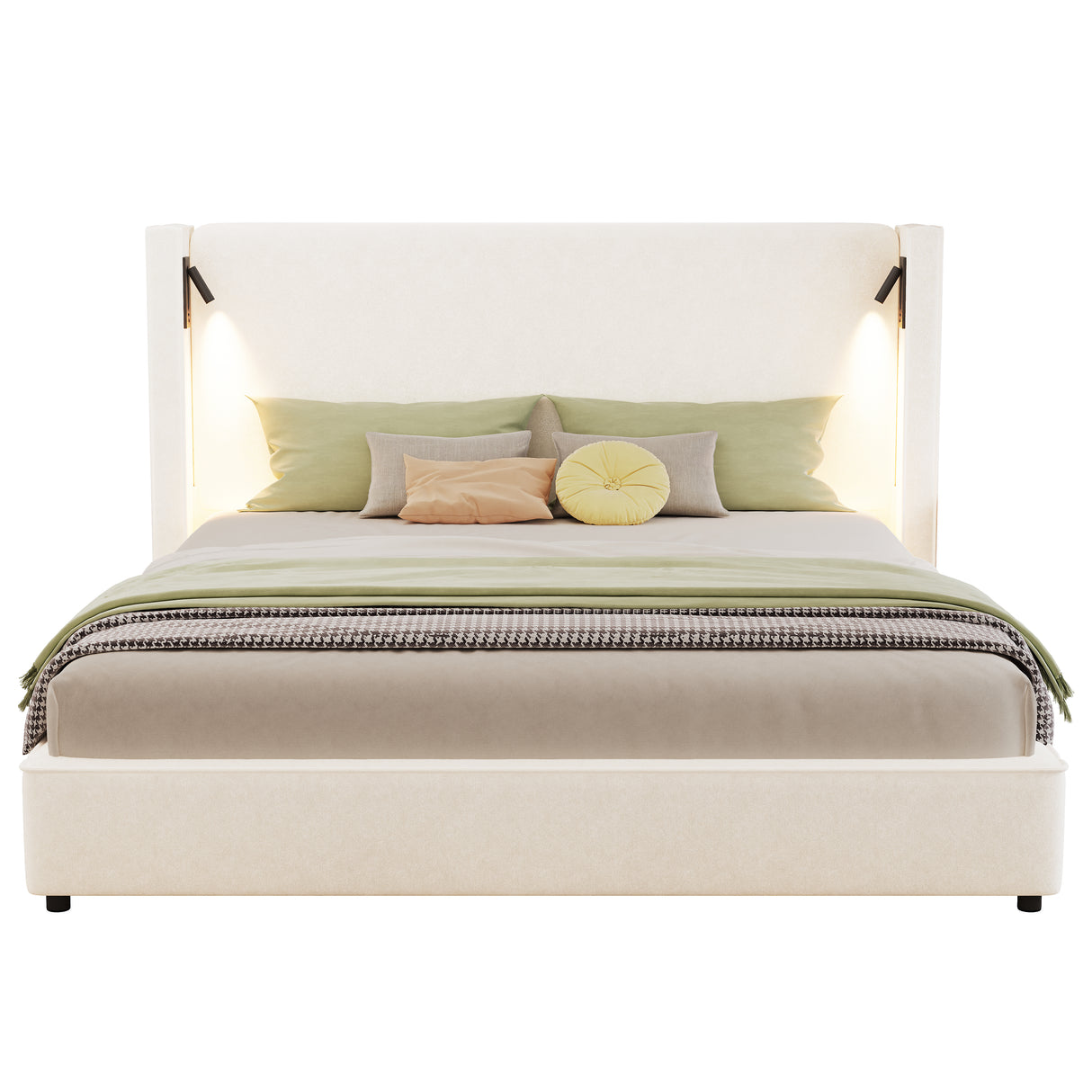 California King Size Upholstered Bed Frame with High Wingback Headboard, Reading Lamp and USB Port