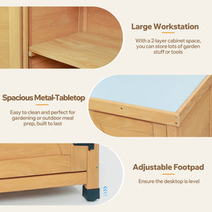 Potting Bench with Storage Cabinet and Metal Table Top for Outdoor Patio