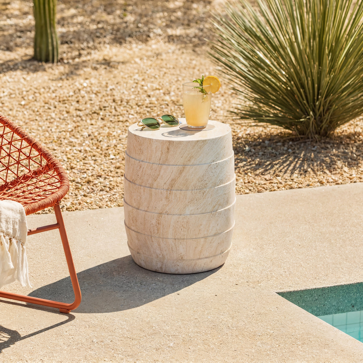 Modern Cylindrical Travertine-Look MGO Outdoor Side Table