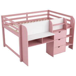 Low Loft Bed With Built In Desk, Storage Cabinets, Open Bookcase And Doodle board