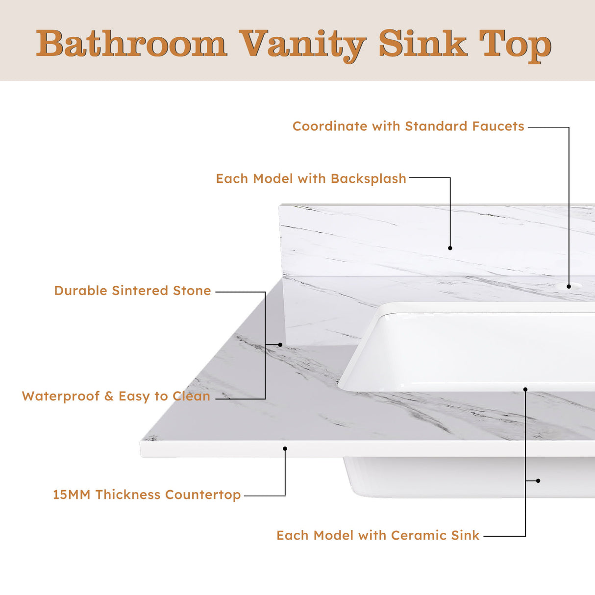 Bianco Carrara Venato Marble Vanity Top With Pre Drilled Faucet Hole And Undermount Sink