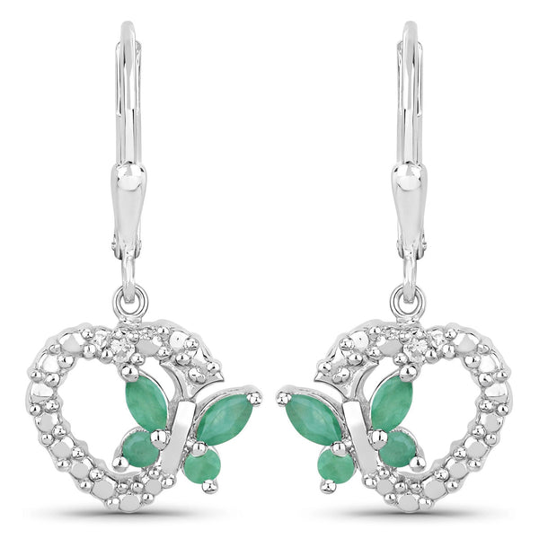 0.44 Carat Genuine Emerald and Created White Sapphire .925 Sterling Silver Earrings