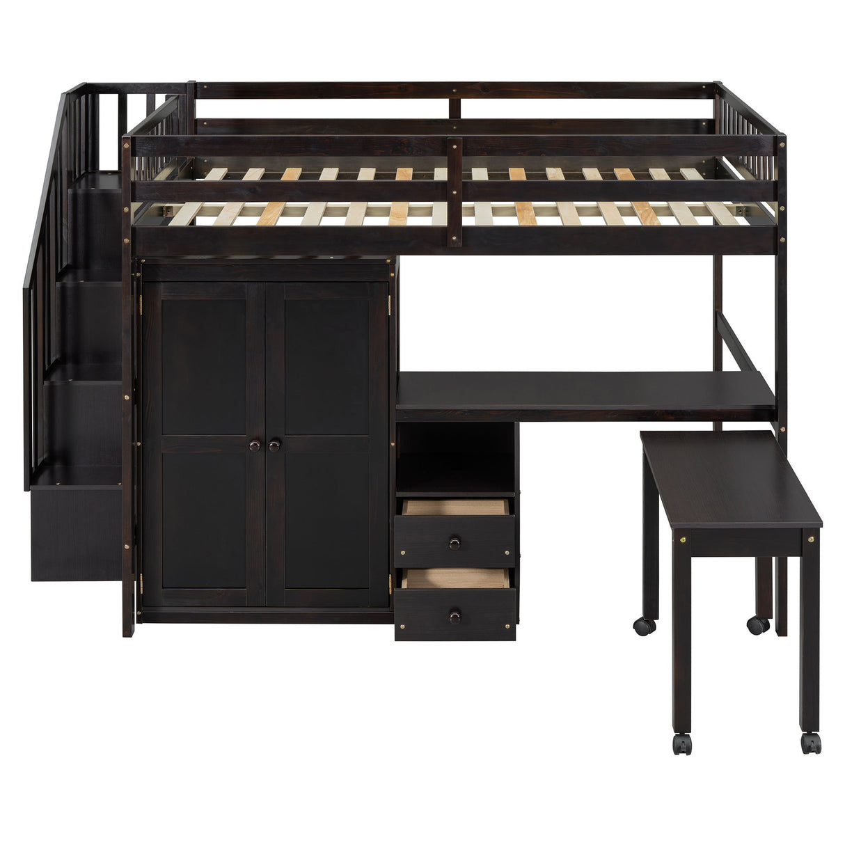 Loft Bed With Stairs, Bookshelf, Drawers, Desk & Wardrobe, Space Saving Multifunctional Furniture