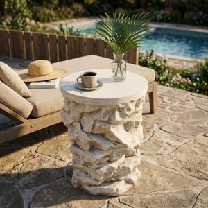 Beige Round Faux Stacked Stone MGO Side Table