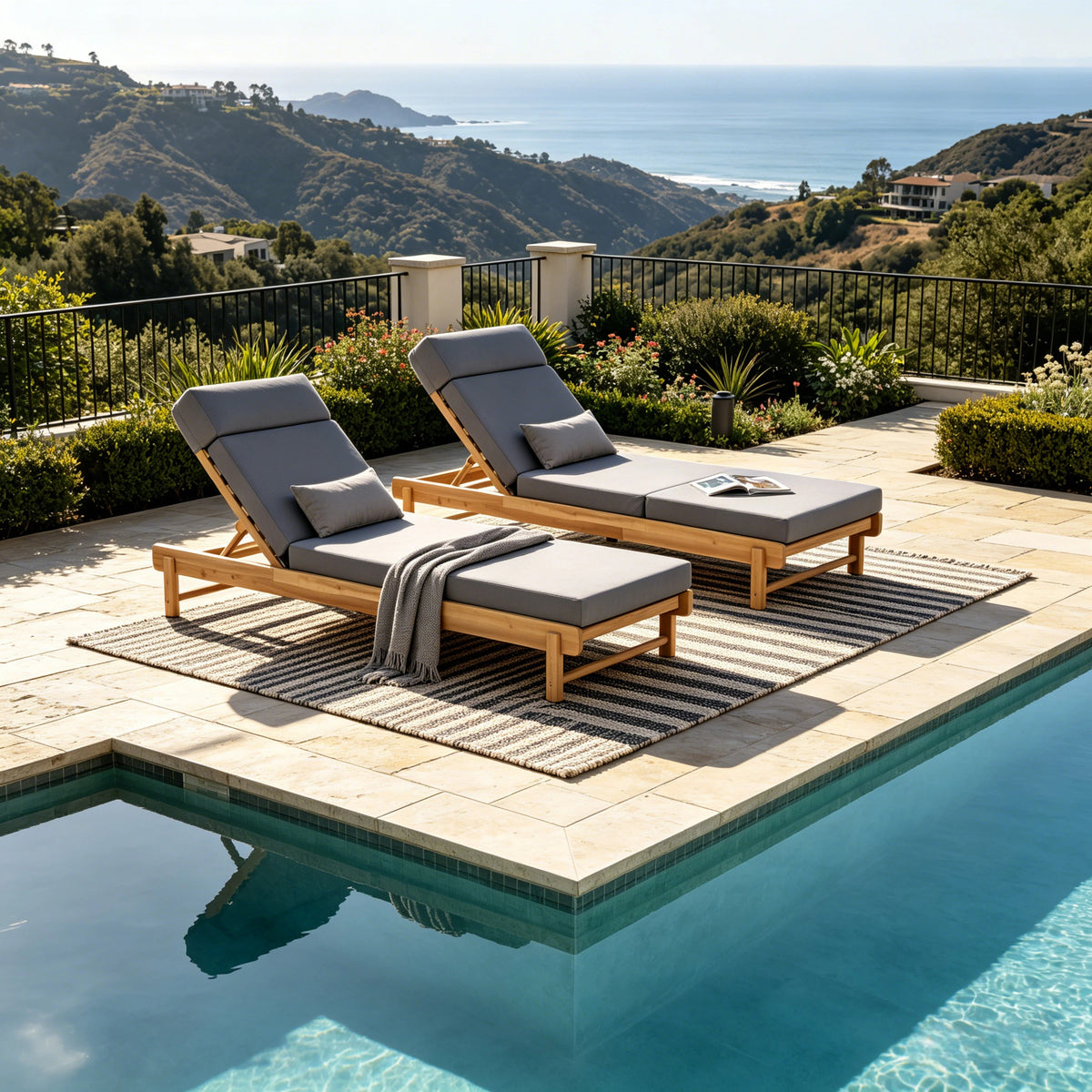 Light Teak Acacia Wood Chaise Lounge Set