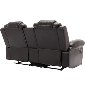 3 Pieces Recliner Sofa Sets Home Theater Seating Manual Recliner Chair & Center Console And LED Light Strip For Living Room - Brown