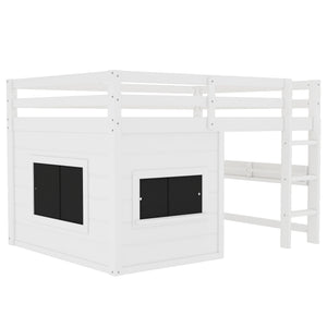 Full Size Loft Bed With Sliding Chalkboard & Bookshelf