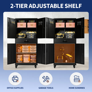 Metal Storage Cabinet with Drawer, Locking Doors, and Rolling Wheels