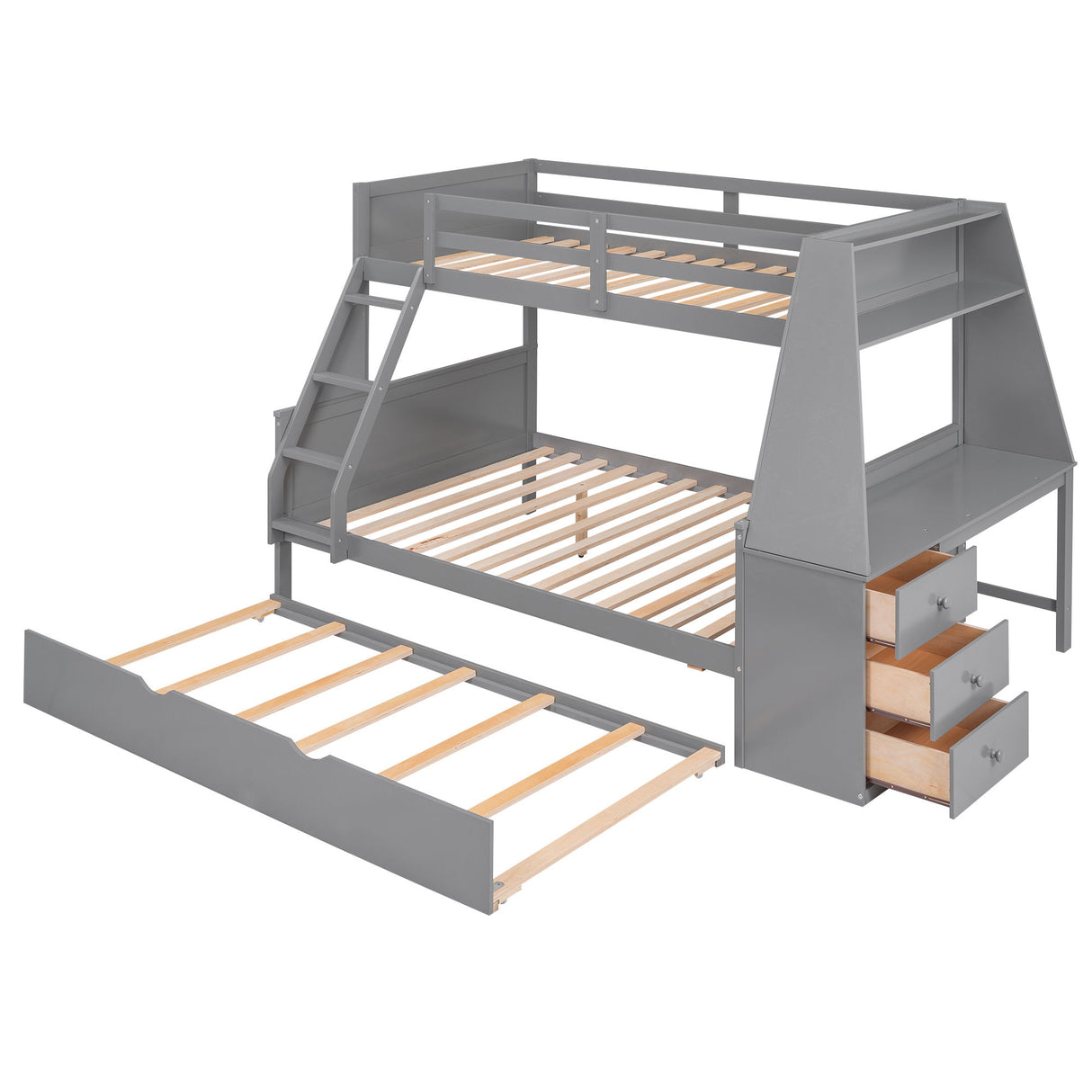 Bunk Bed With Trundle And Built In Desk, 3 Storage Drawers And Shelf