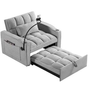 Convertible Sleeper Chair Sofa Bed, Grey Velvet, Pull-Out Single Bed