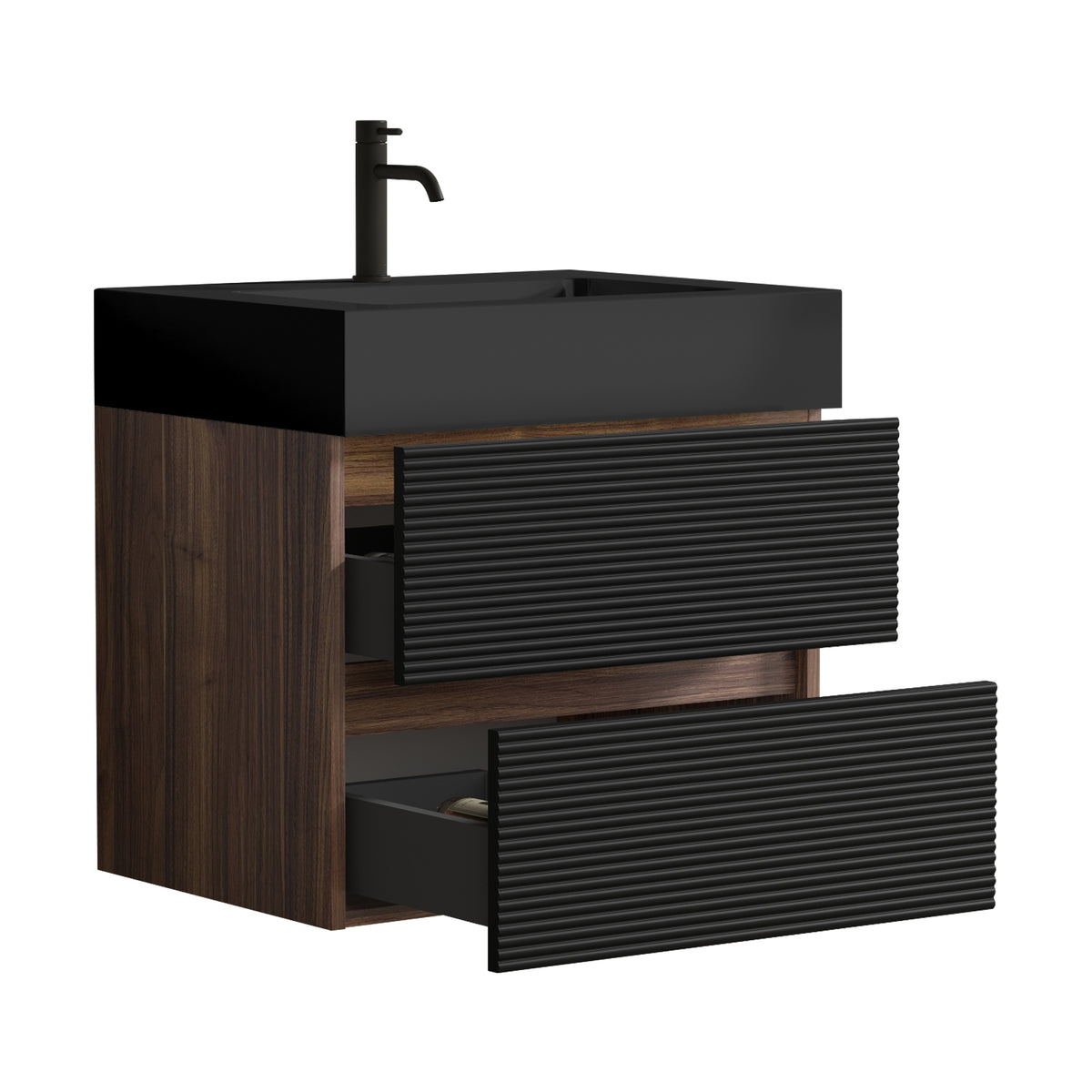 Grace 24-Inch Wall-Mounted Bathroom Vanity, Black with Walnut, Double Drawer