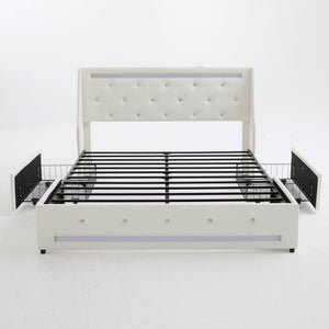 Wingback Upholstered Bed Frame With LED Lights, Charging Station