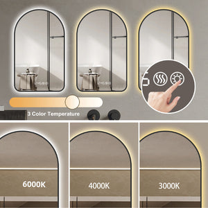 Arched LED Vanity Mirror With Time & Temperature Display, Anti-Fog, Dimmable Backlight In Frame, 3 Color Temperatures