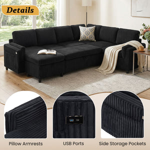Convertible U-Shaped Sectional Sofa Bed With USB Ports And Storage