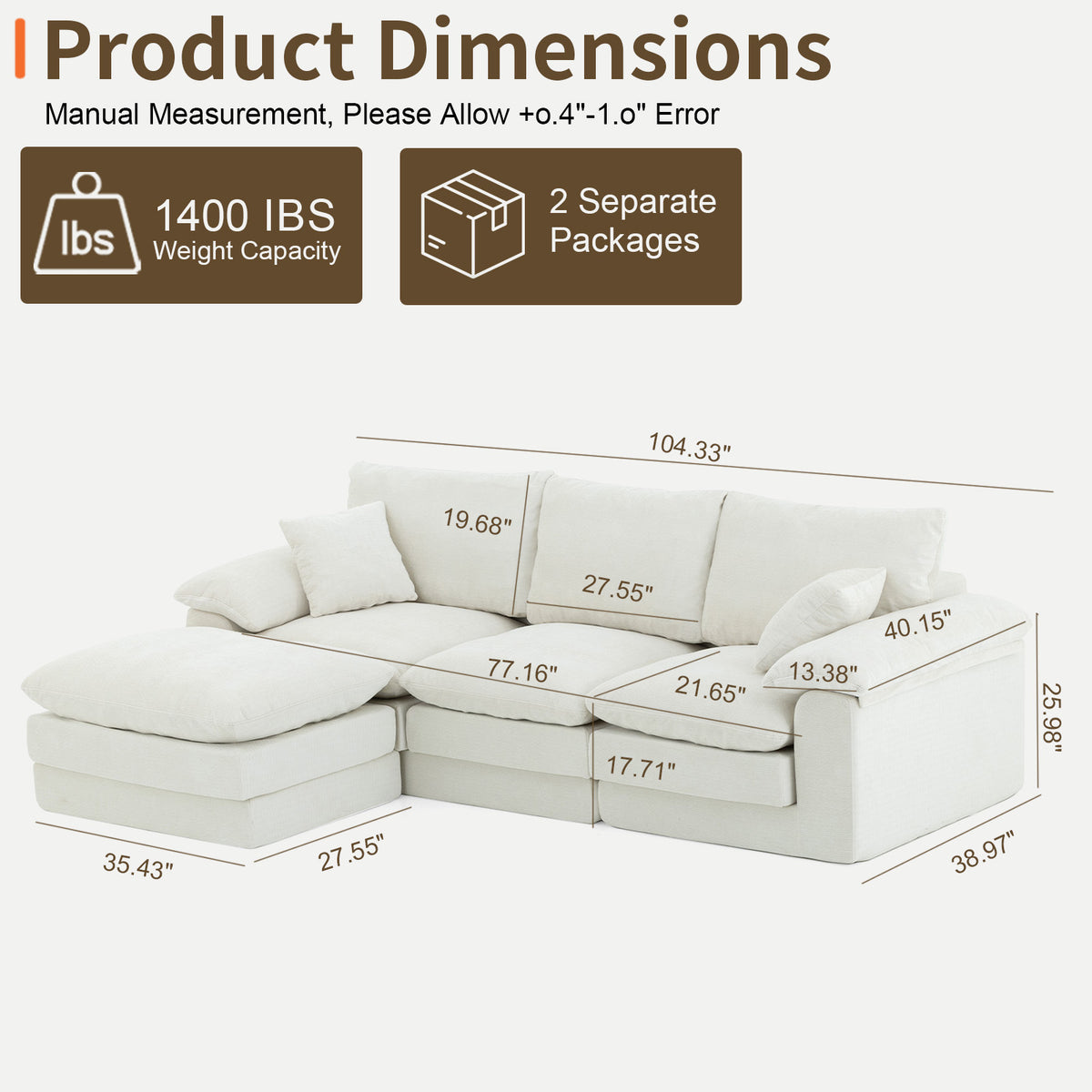 Modular U-Shape Sectional Sofa with Movable Ottoman, Chenille, Beige