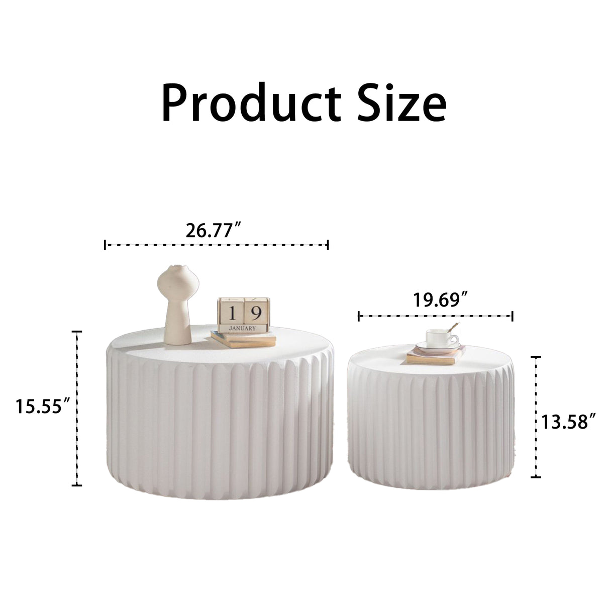 White Scalloped Round Coffee Table Set: Nesting Design, Elegant Curved-Edge Shape