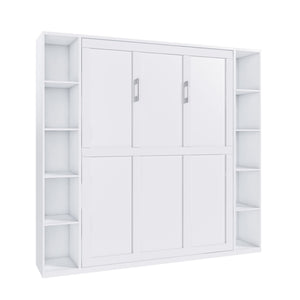 Queen Murphy Bed With Storage Cabinet, Foldable Wall Bed For Bedrooms - White