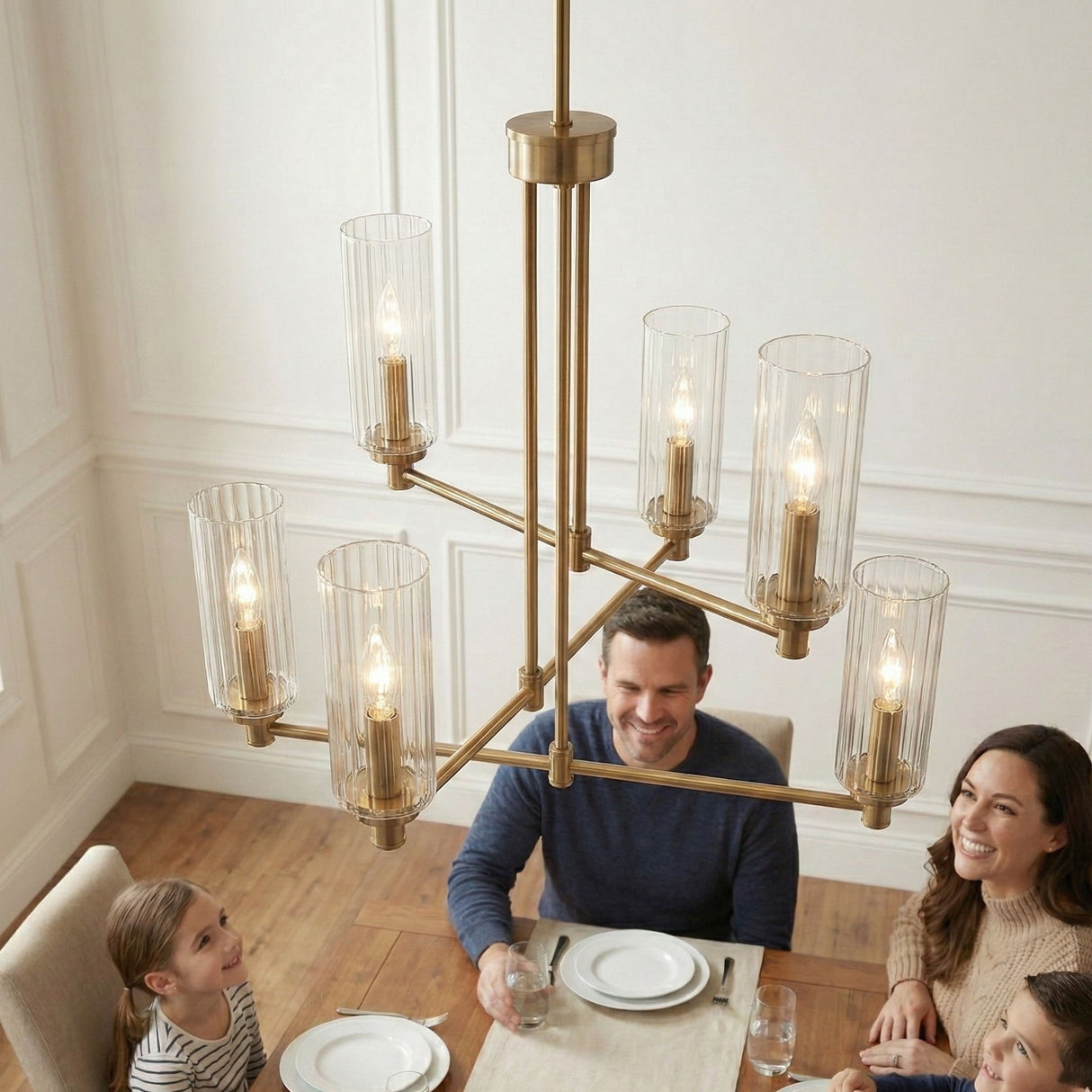 Timeless - 6 Lights Chandelier With Clear Ribbed Satin - Antique Brass / Clear / Gold