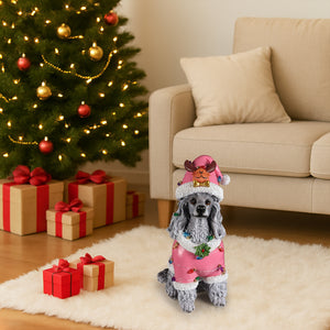 Christmas Poodle Statue, Holiday Dog Figurine
