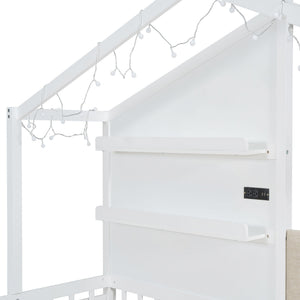 House Bed With Upholstered Sofa, Wireless Charging Station, Shelves And 2 Drawers