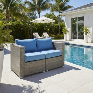 2 Piece Patio Loveseat Set With Thick Cushions, Outdoor Sectional Sofa For Balcony - Blue / Brown