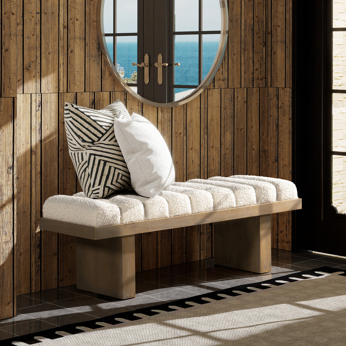 Bella 52-Inch Upholstered Accent Bench, Ivory White Boucle