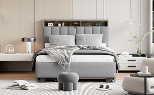 Upholstered Platform Bed With Storage Headboard, Trundle & 2 Drawers And A Set Of Sockets & USB Ports