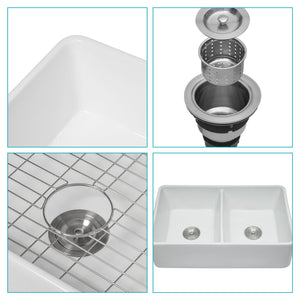 Double Bowl Apron Front Kitchen Sink 32", Sturdy And With Scratch Resistant - White